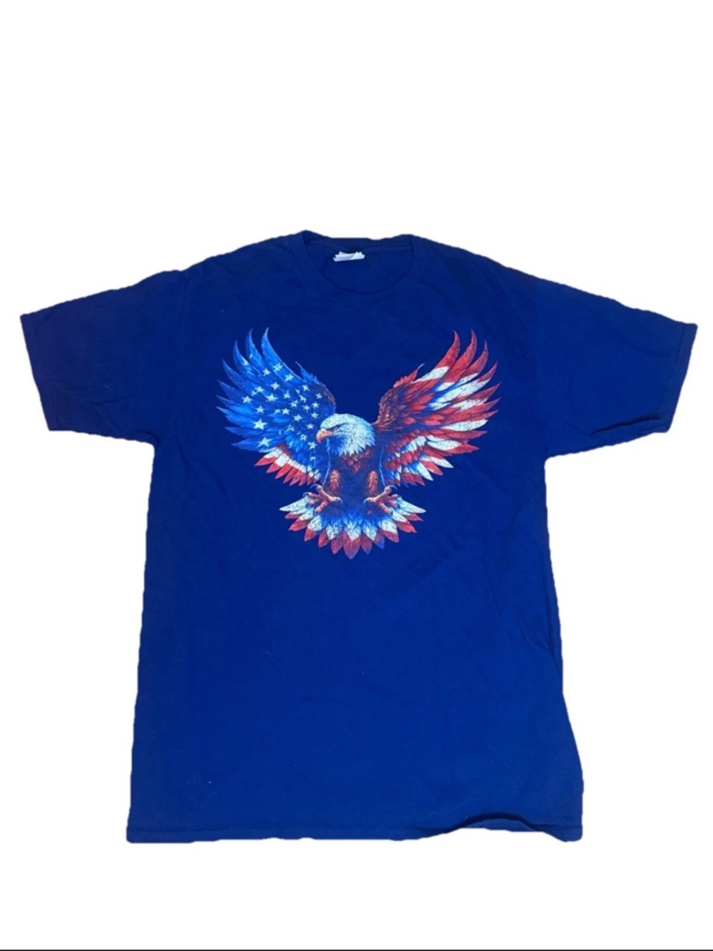 Port and Company Blue Tee with Patriotic Eagle Graphic Youth Boys Medium
